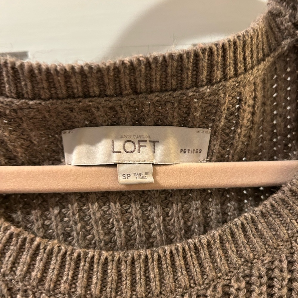 LOFT Taupe Knit Sweater with Lace Sleeves - Picture 2 of 4